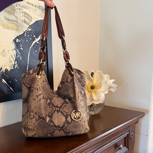 Michael Kors Handbags - Michael Kors Tan Snake Print Hobo Bag